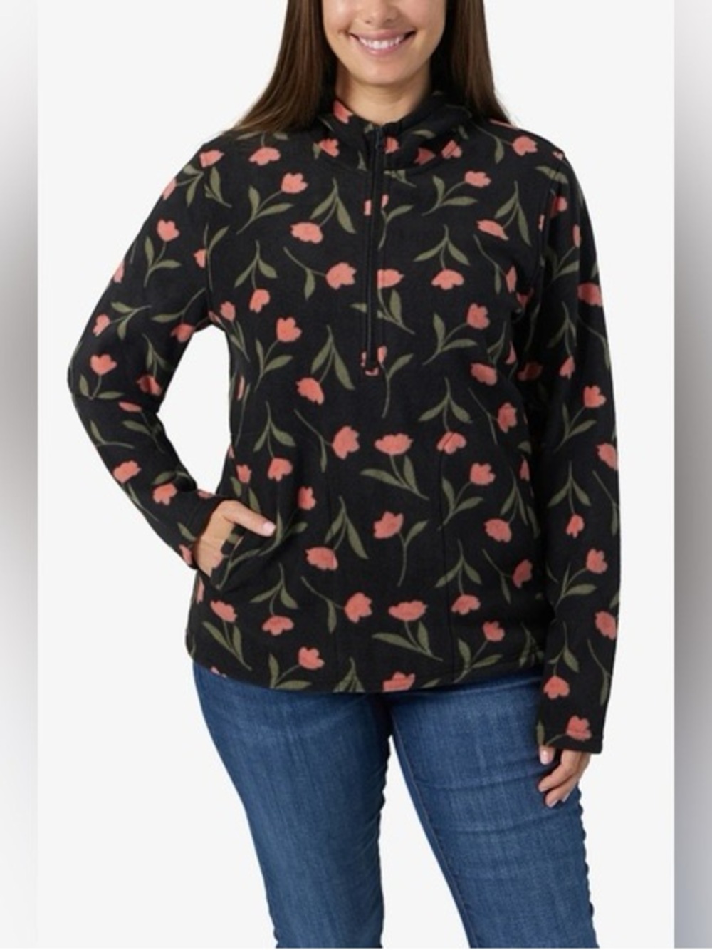 O'Neill Black Half-Zip Fitted Athletic Fleece Hoodie with Pink Floral Print XL